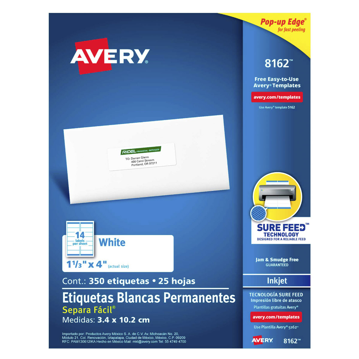 ETIQUETA BLANCA PERMANENTE INKJET 3.4 CM X 10.2 CM PAQ 350