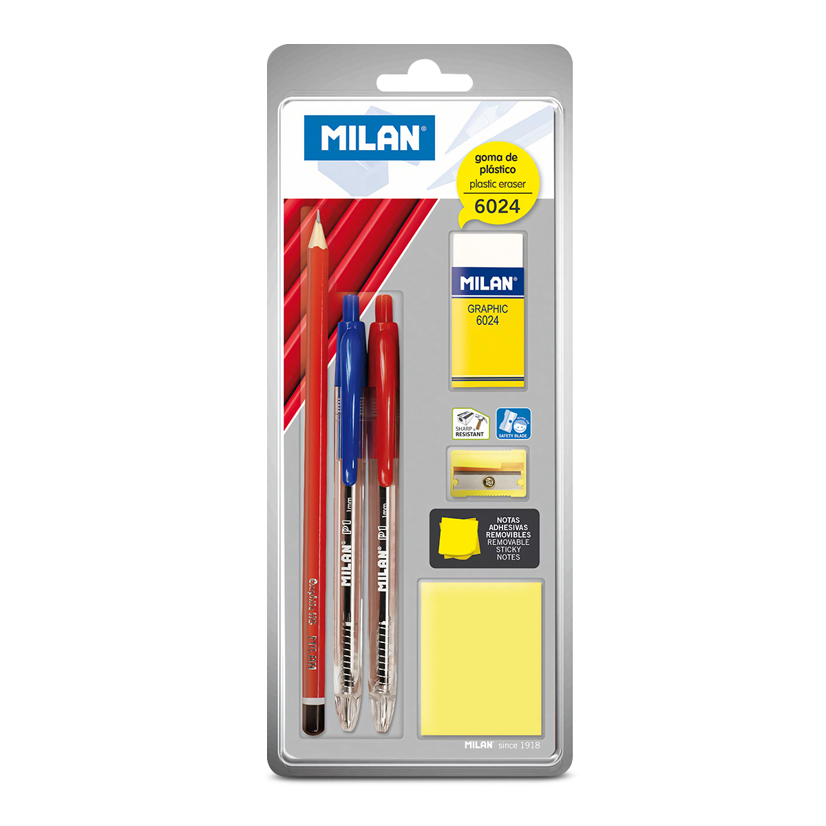 COMBO MILAN 6U(2 P1,LAPIZ ,BORRADOR,SACAPUNTAS,NOTAS ADHE.)