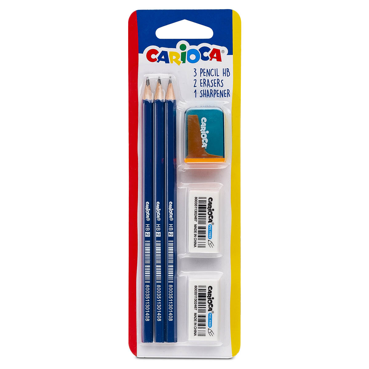 SET ESCOLAR CARIOCA 3 LAPICES DE GRAFITO HB + 2 BORRADORES + 1 SACAPUNTAS