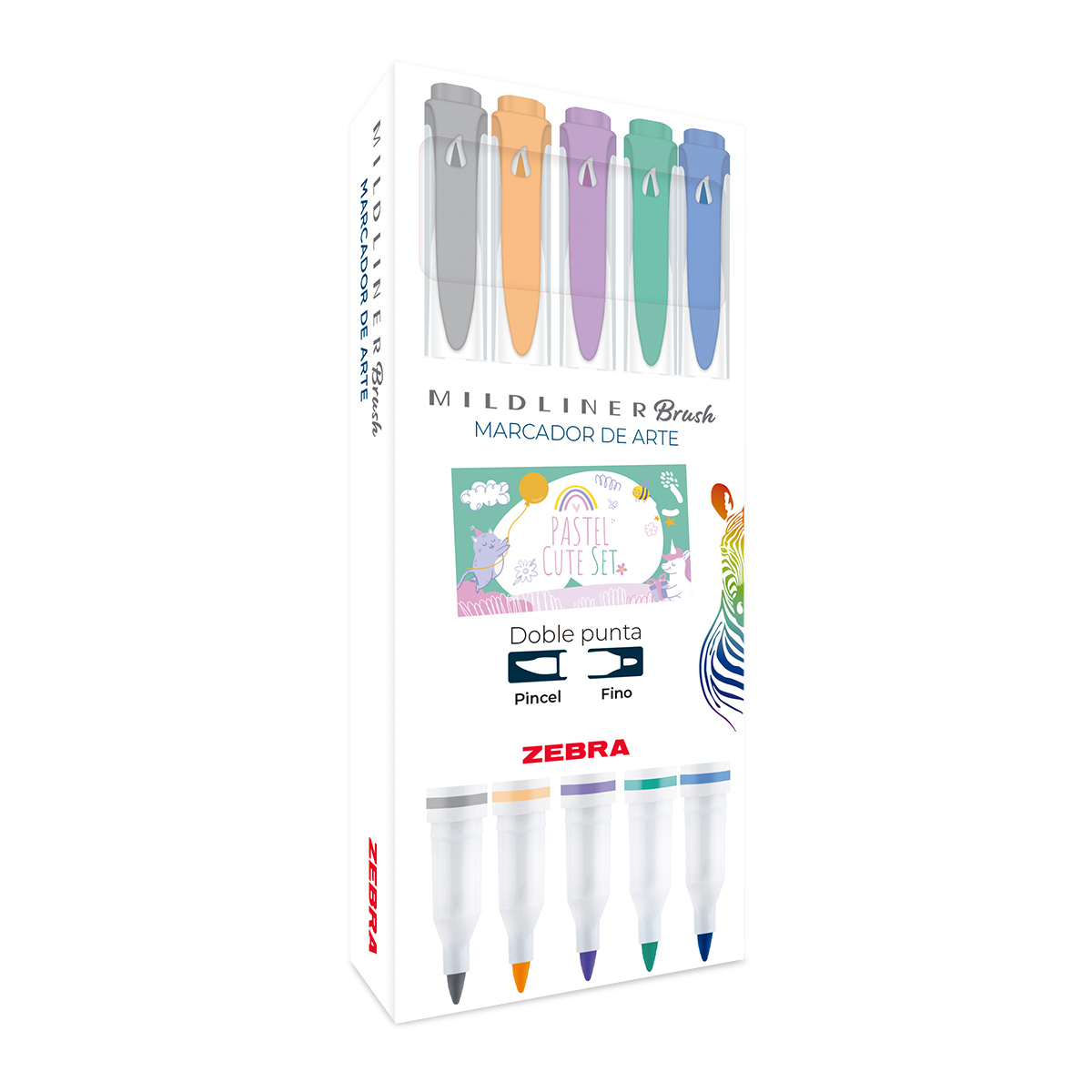 MARCADOR ZEBRA CREATIVO DOBLE PUNTA CUTE PASTEL (PINCEL/PUNTO FINO) 5U