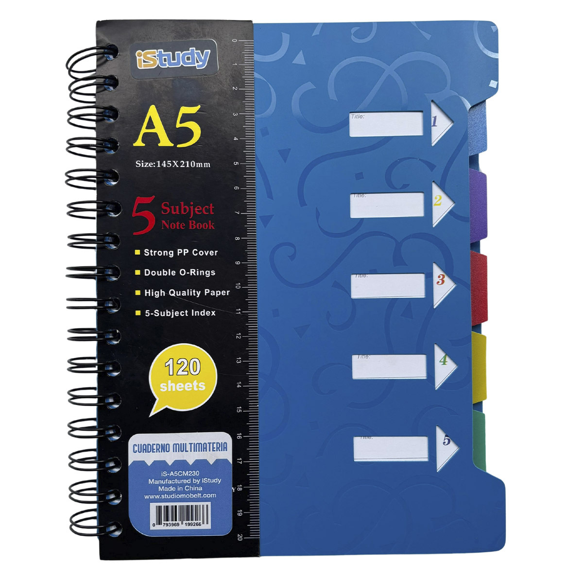 CUADERNO ESPIRAL ISTUDY A5 MULTIMATERIAS 5 DIVISIONES 70G COLORES SURTIDOS