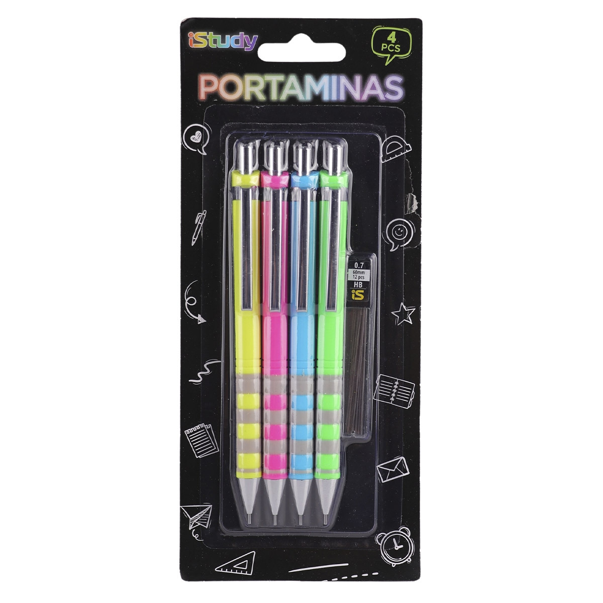 PORTAMINAS ISTUDY BARRIL NEON MINA 0.7MM + PAQUETE 12 MINAS 4U