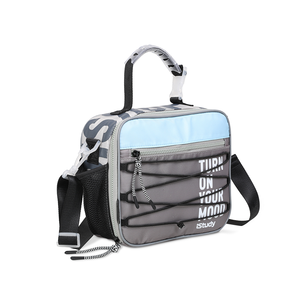 LONCHERA  ISTUDY GRIS CON DETALLE NEGRO Y CELESTE