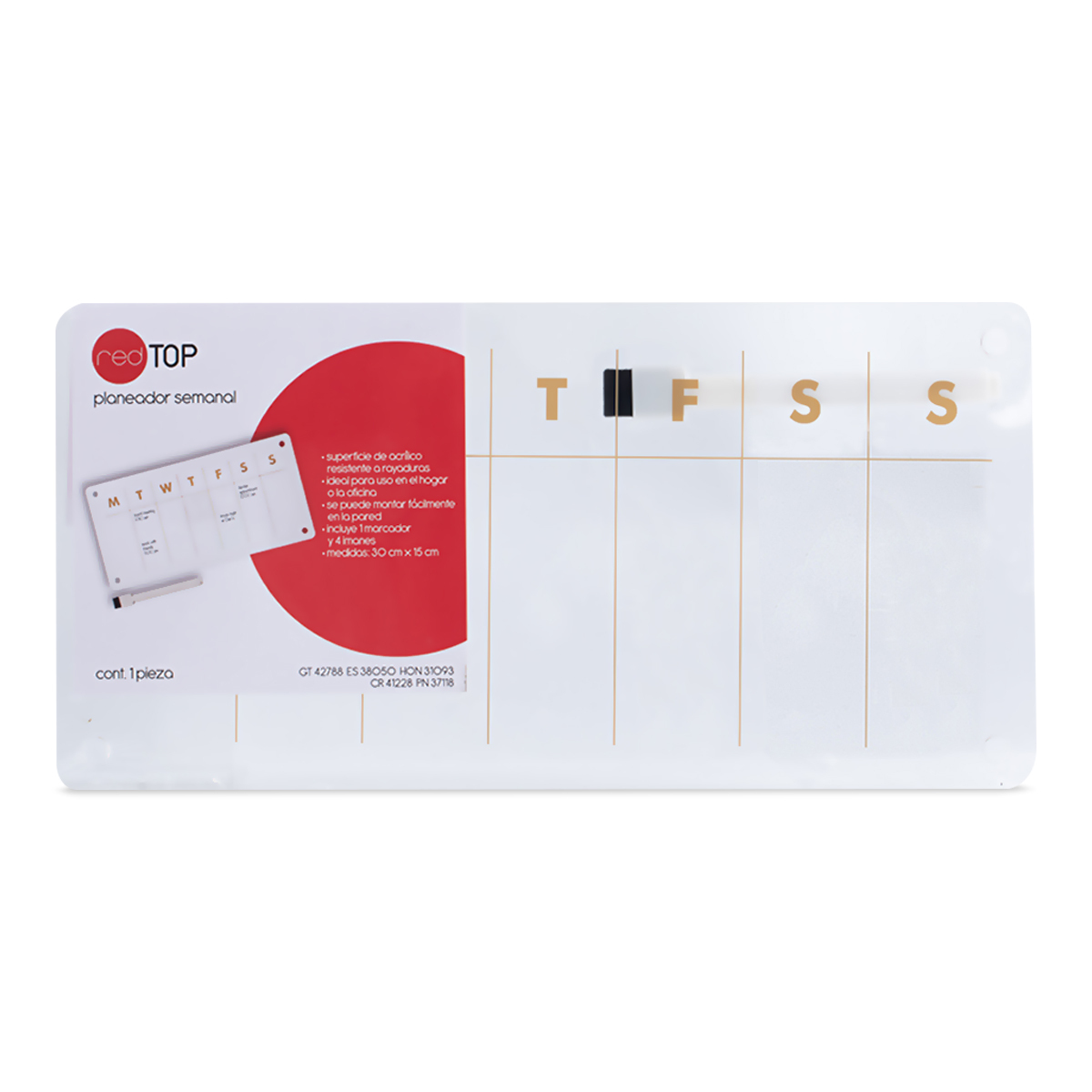 PIZARRON ACRILICO SEMANAL (INCLUYE 1 YESO LIQUIDO, MEDIDA 15 X 30 CM)