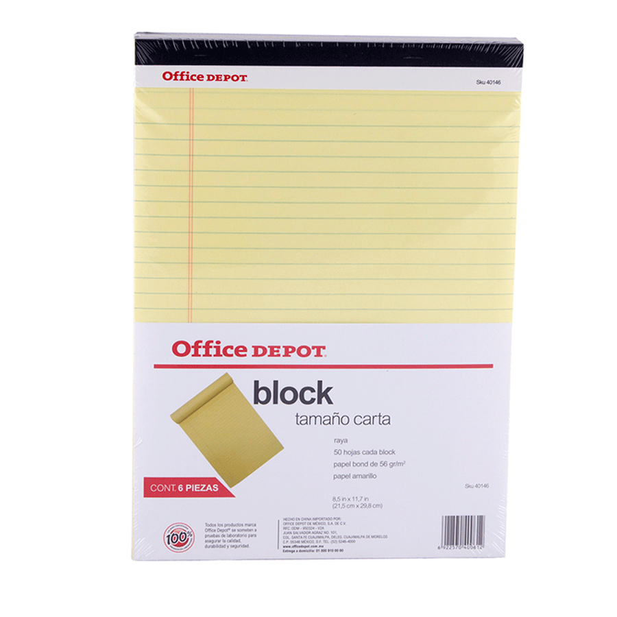 BLOCK DE NOTAS OFFICE DEPOT TAMAÑO CARTA, CANARIO