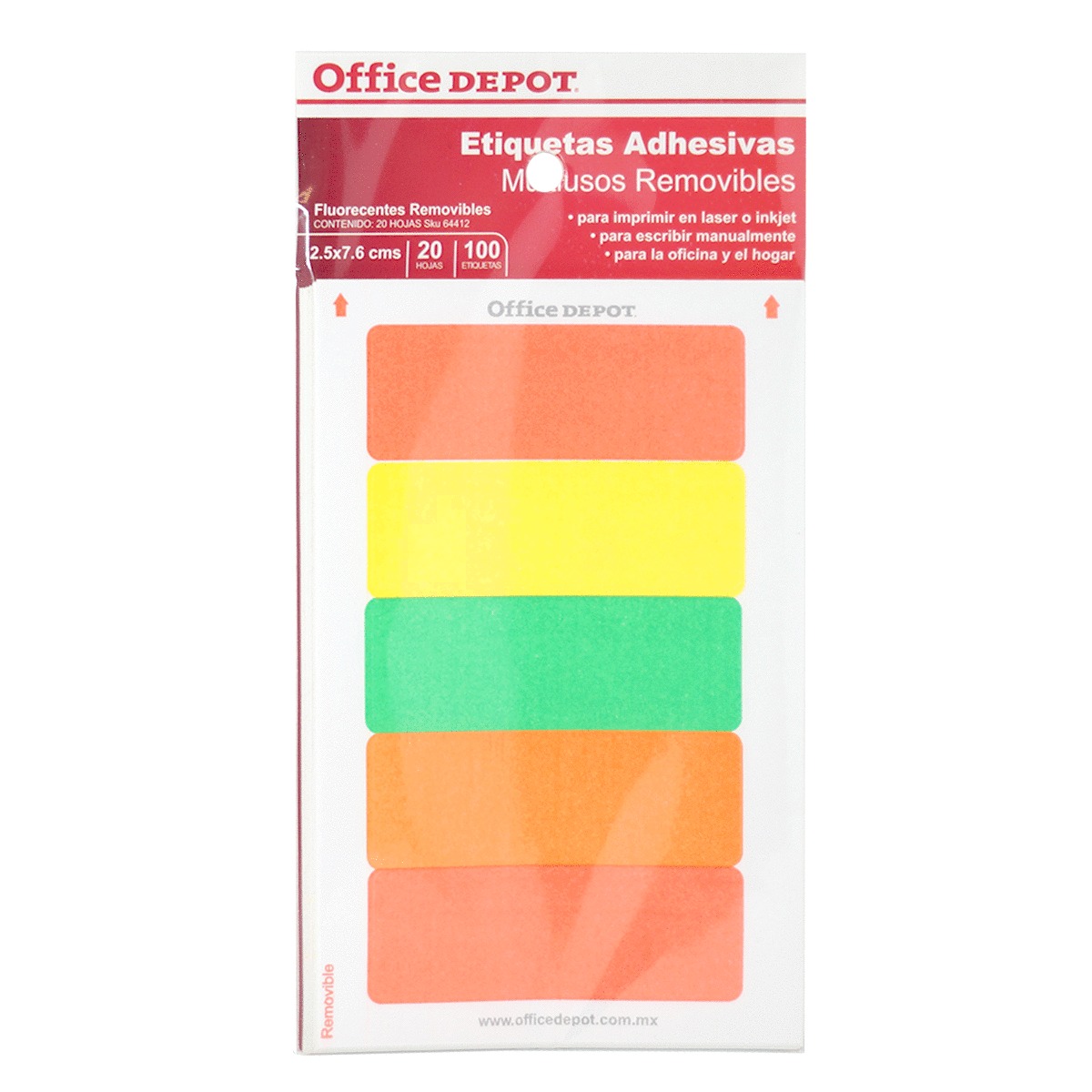 ETIQUETAS RECTANGULARES FLUO 2.5 X 7.6 CM 20 HOJAS 100 ETIQUETAS