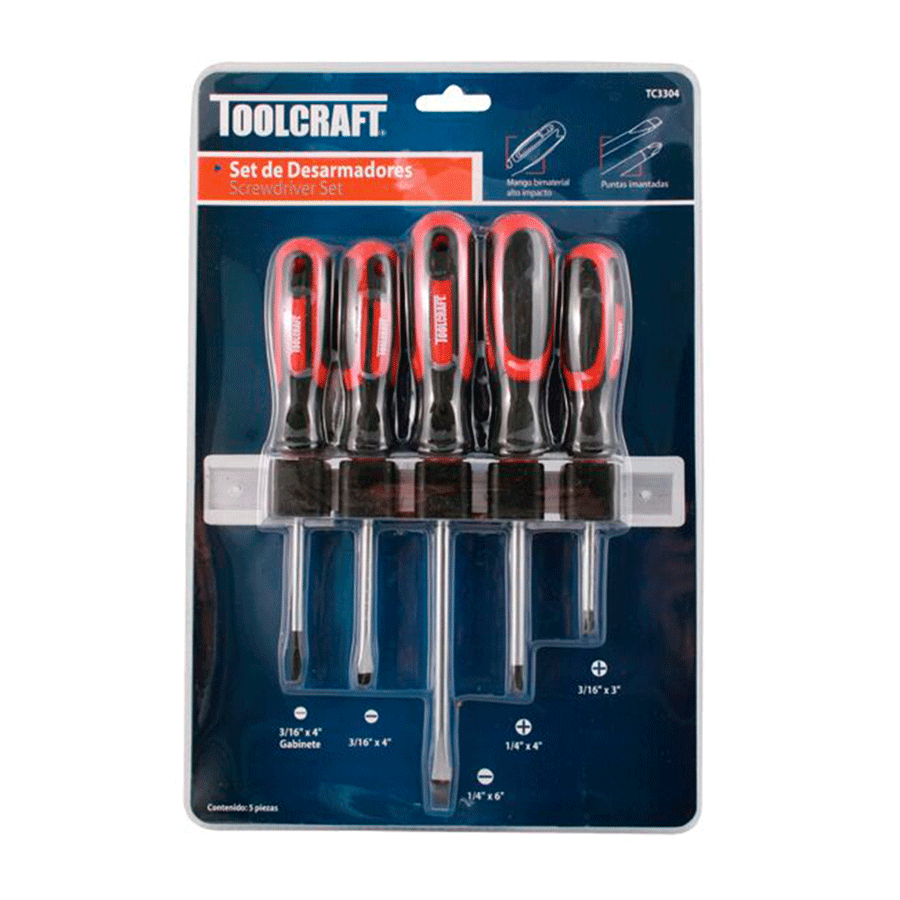 SET DE DESARMADORES TOOLCRAFT BIMATERIAL, 5 PIEZAS