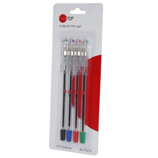 BOLIGRAFO BARRIL TGEL, PTO MEDIANO 1.0MM, NG,AZ,RJ,VD,B/4PZ