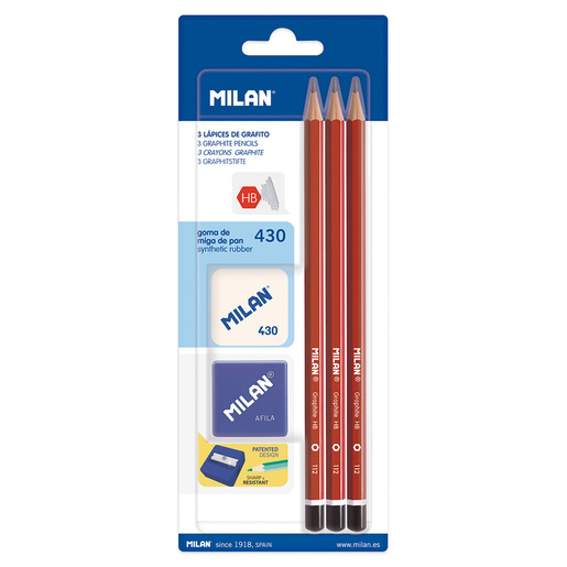 COMO MILAN 5U(3 LAPIZ DE GRAFITO HB + SACAPUNTAS + BORRADOR)
