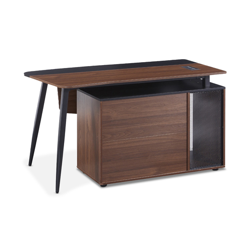 ESCRITORIO EN L NOGAL Y NEGRO CON DETALLES EN MESH METAL Y CREDENZA CON PUERTA Y ENTREPANOS