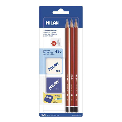 COMO MILAN 5U(3 LAPIZ DE GRAFITO HB + SACAPUNTAS + BORRADOR)