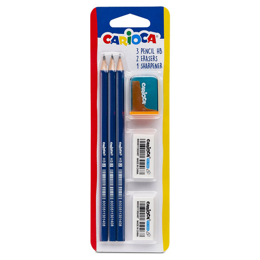 SET ESCOLAR CARIOCA 3 LAPICES DE GRAFITO HB + 2 BORRADORES + 1 SACAPUNTAS