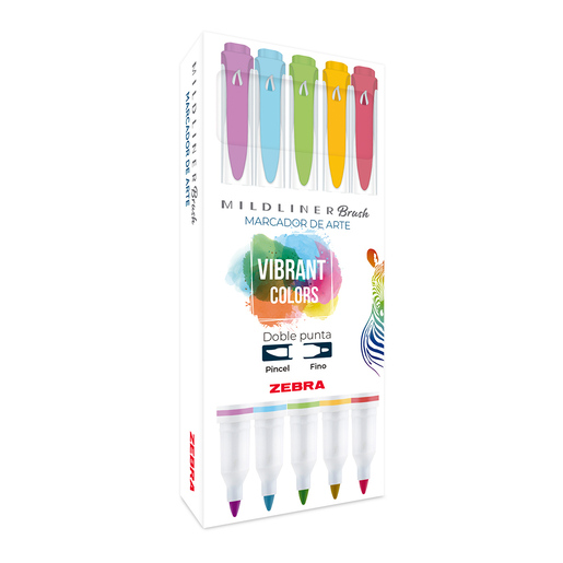 MARCADOR ZEBRA CREATIVO DOBLE PUNTA VIBRANT COLORS (PINCEL/PUNTO FINO) 5U