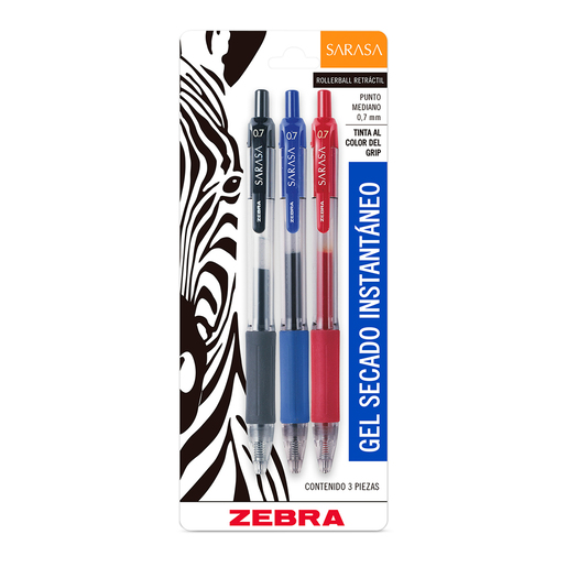 ROLLERBALL ZEBRA SARASA MEDIANO NEGRO, AZUL Y ROJA 3U