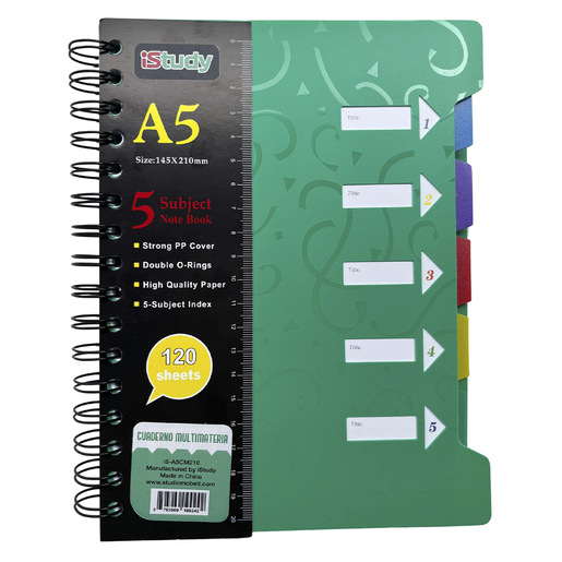 CUADERNO ESPIRAL ISTUDY A5 MULTIMATERIAS 5 DIVISIONES 70G COLORES SURTIDOS