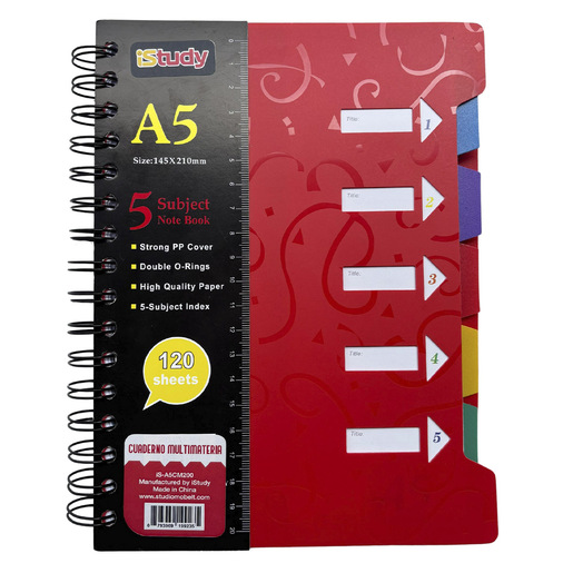 CUADERNO ESPIRAL ISTUDY A5 MULTIMATERIAS 5 DIVISIONES 70G COLORES SURTIDOS