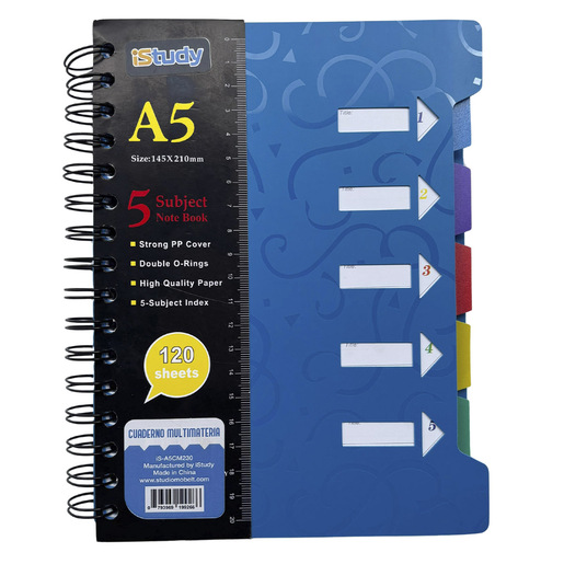 CUADERNO ESPIRAL ISTUDY A5 MULTIMATERIAS 5 DIVISIONES 70G COLORES SURTIDOS