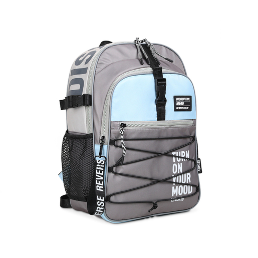 MOCHILA ISTUDY 17  GRIS CON DETALLE NEGRO Y CELESTE