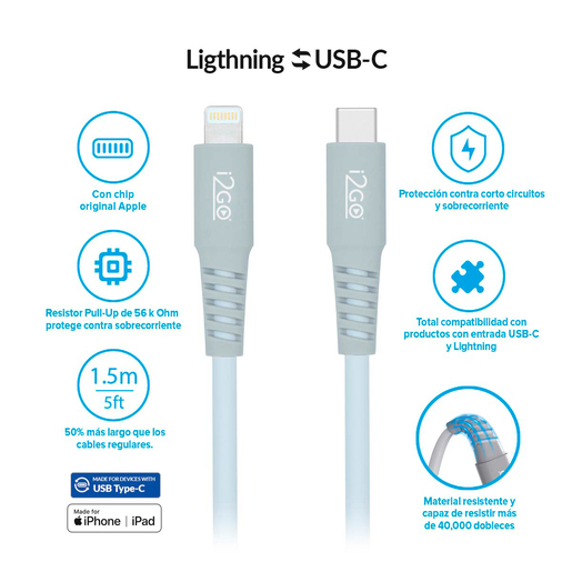CABLE LIGHTNING A TIPO C, I2GO